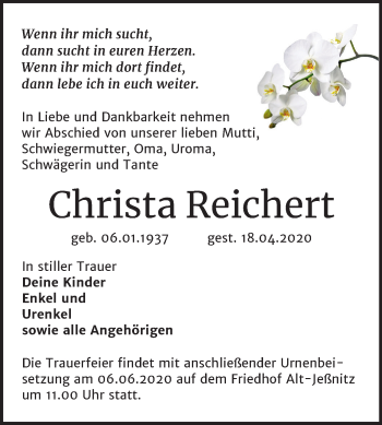 Traueranzeige von Christa Reichert von Mitteldeutsche Zeitung Bitterfeld