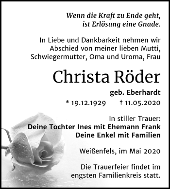 Traueranzeige von Christa Röder von Super Sonntag Weißenfels