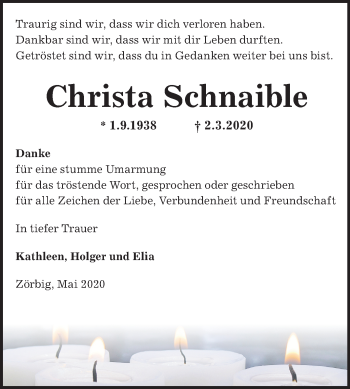 Traueranzeige von Christa Schnaible von Mitteldeutsche Zeitung Bitterfeld
