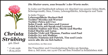 Traueranzeige von Christa Strübing von Super Sonntag Aschersleben