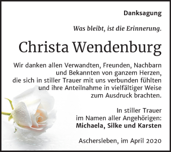 Traueranzeige von Christa Wendenburg von Super Sonntag Aschersleben