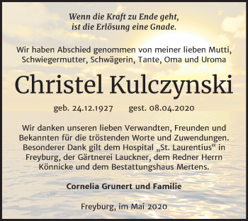 Traueranzeige von Christel Kulczynski von Super Sonntag Naumburg/Nebra