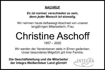 Traueranzeige von Christine Aschoff von Mitteldeutsche Zeitung Weißenfels