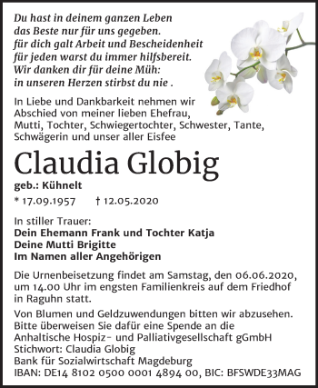 Traueranzeige von Claudia Globig von Wochenspiegel Bitterfeld