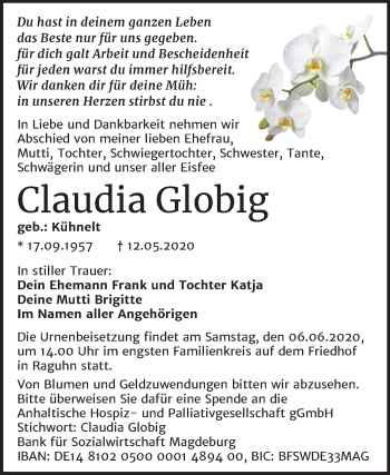 Traueranzeige von Claudia Globig von Mitteldeutsche Zeitung Bitterfeld
