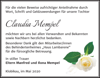 Traueranzeige von Claudia Mempel von Super Sonntag Merseburg/Querfurt