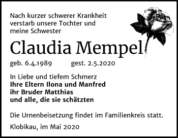 Traueranzeige von Claudia Mempel von Super Sonntag Merseburg/Querfurt