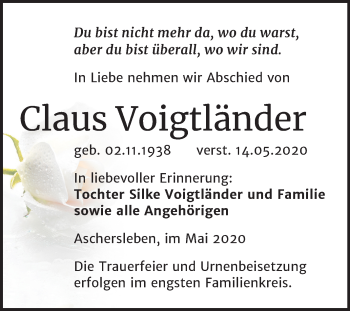 Traueranzeige von Claus Voigtländer von Mitteldeutsche Zeitung Aschersleben