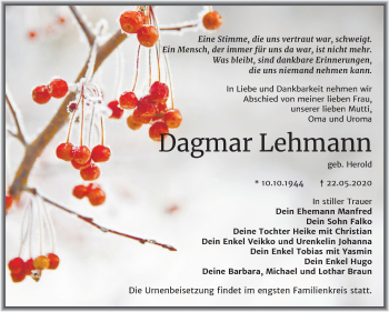 Traueranzeige von Dagmar Lehmann von Mitteldeutsche Zeitung Weißenfels