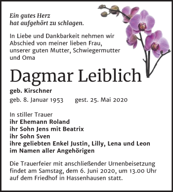 Traueranzeige von Dagmar Leiblich von Mitteldeutsche Zeitung Naumburg/Nebra