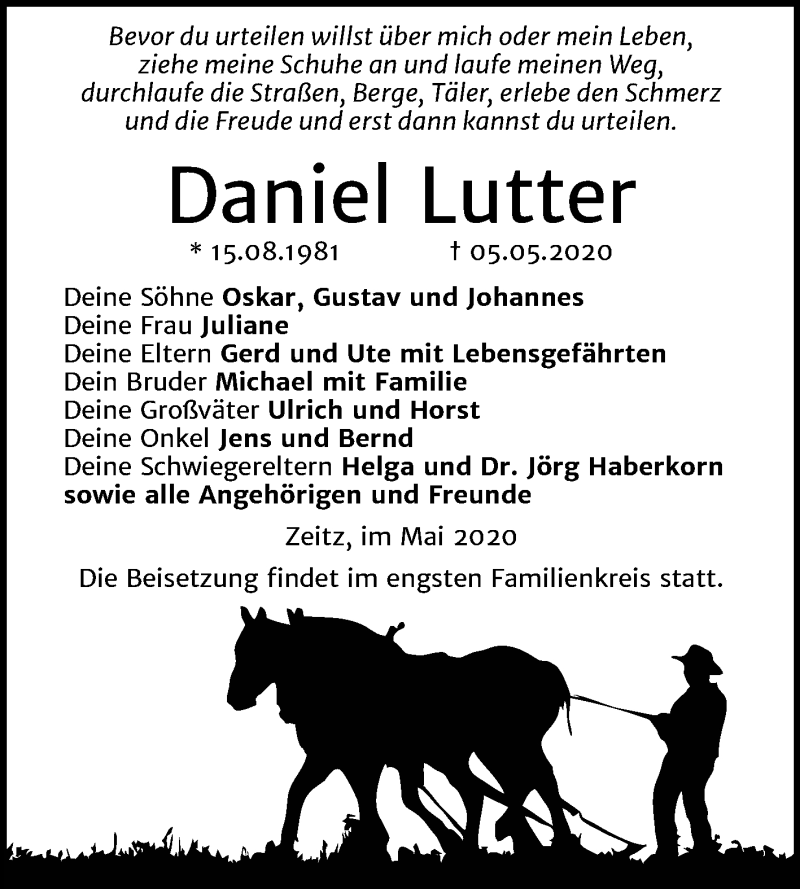  Traueranzeige für Daniel Lutter vom 16.05.2020 aus Super Sonntag Zeitz