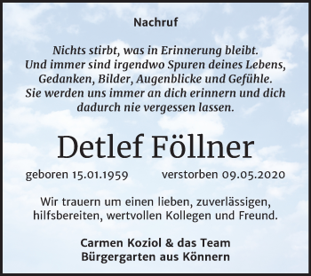 Traueranzeige von Detlef Föllner von Super Sonntag Bernburg