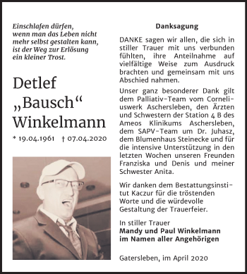 Traueranzeige von Detlef Winkelmann von Super Sonntag Aschersleben / Quedlinburg