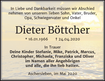 Traueranzeige von Dieter Böttcher von Mitteldeutsche Zeitung Aschersleben