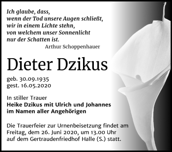 Traueranzeige von Dieter Dzikus von Mitteldeutsche Zeitung Halle/Saalkreis