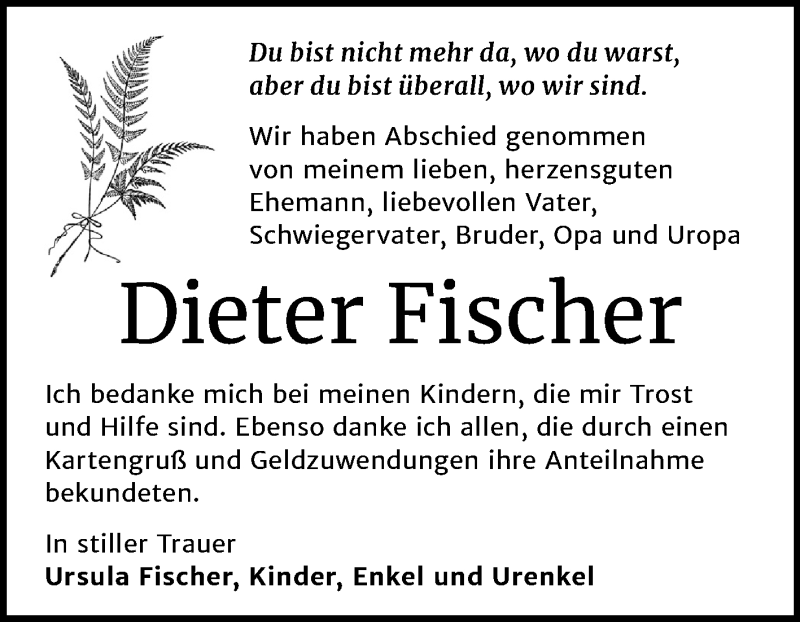 Traueranzeigen Von Dieter Fischer Www Abschied Nehmen De