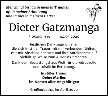Traueranzeige von Dieter Gatzmanga von Mitteldeutsche Zeitung Weißenfels