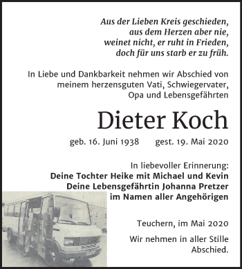 Traueranzeige von Dieter Koch von Mitteldeutsche Zeitung Weißenfels
