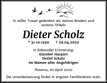 Traueranzeige von Dieter Scholz von Super Sonntag Weißenfels