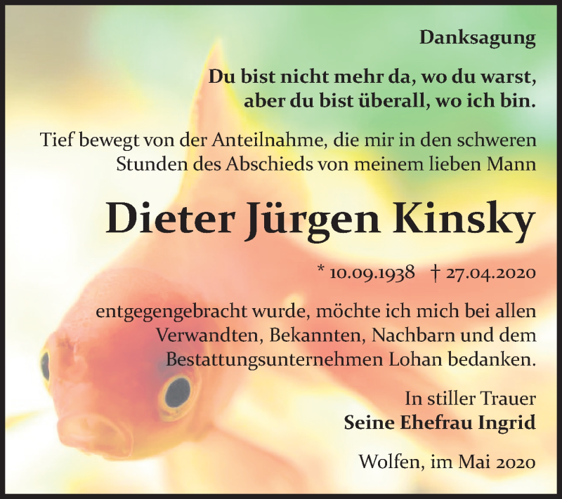  Traueranzeige für Dieter Jürgen Kinsky vom 30.05.2020 aus Mitteldeutsche Zeitung Bitterfeld