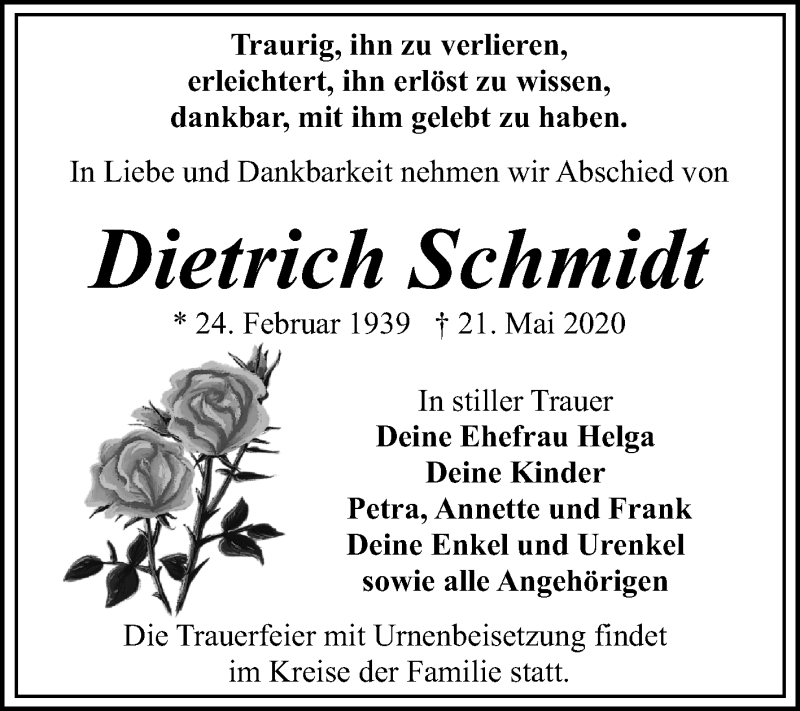  Traueranzeige für Dietrich Schmidt vom 30.05.2020 aus Mitteldeutsche Zeitung Bitterfeld