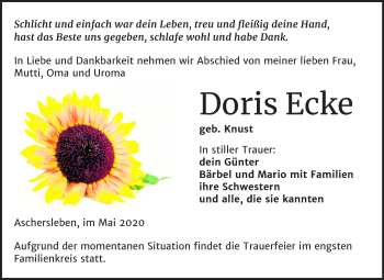 Traueranzeige von Doris Ecke von Mitteldeutsche Zeitung Aschersleben