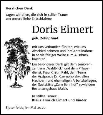 Traueranzeige von Doris Eimert von Super Sonntag Quedlinburg