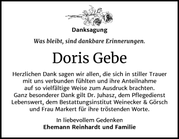 Traueranzeige von Doris Gebe von Mitteldeutsche Zeitung Bernburg