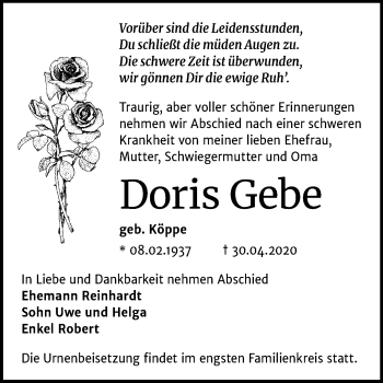 Traueranzeige von Doris Gebe von Mitteldeutsche Zeitung Bernburg