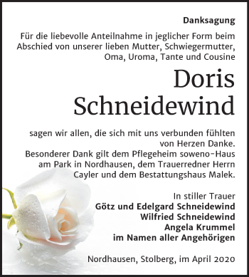 Traueranzeige von Doris Schneidewind von Super Sonntag Sangerhausen