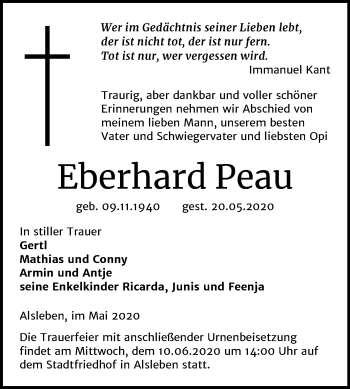 Traueranzeige von Eberhard Peau von Mitteldeutsche Zeitung Bernburg