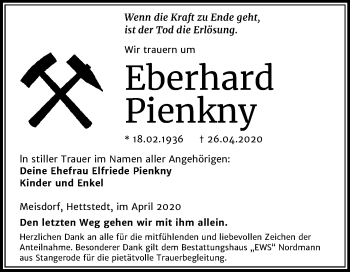 Traueranzeige von Eberhard Pienkny von Mitteldeutsche Zeitung Mansfelder Land
