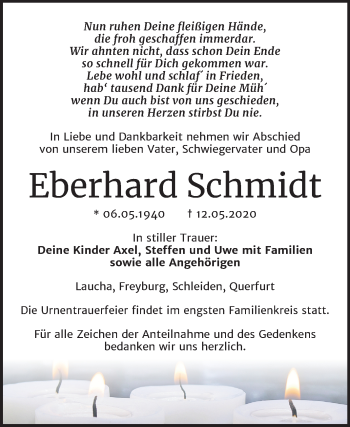 Traueranzeige von Eberhard Schmidt von Wochenspiegel Naumburg/Nebra