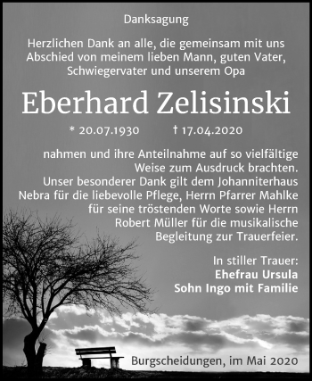 Traueranzeige von Eberhard Zelisinski von Wochenspiegel Naumburg/Nebra