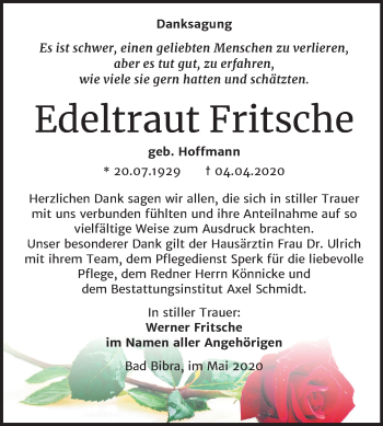 Traueranzeige von Edeltraut Fritsche von Mitteldeutsche Zeitung Naumburg/Nebra