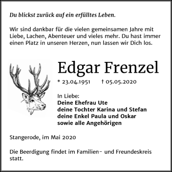 Traueranzeige von Edgar Frenzel von Super Sonntag Mansfelder Land