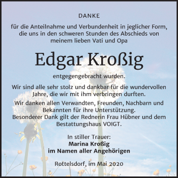 Traueranzeige von Edgar Kroßig von Mitteldeutsche Zeitung Mansfelder Land