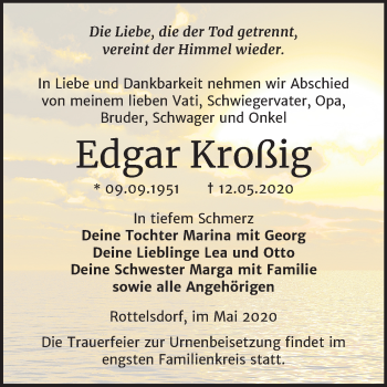 Traueranzeige von Edgar Kroßig von Mitteldeutsche Zeitung Mansfelder Land