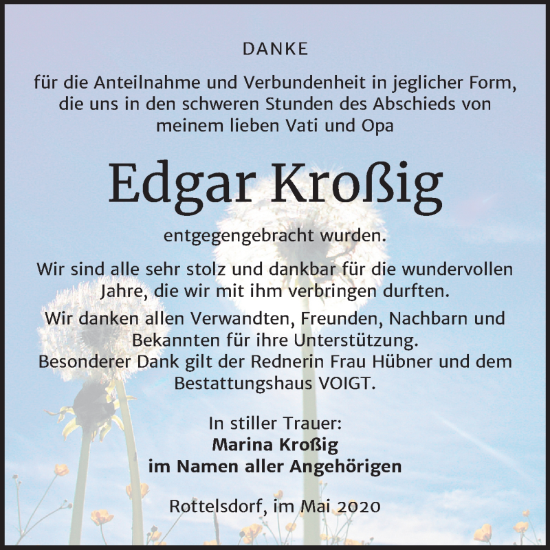 Traueranzeige für Edgar Kroßig vom 29.05.2020 aus Mitteldeutsche Zeitung Mansfelder Land