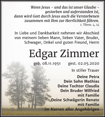 Traueranzeige von Edgar Zimmer von Mitteldeutsche Zeitung Weißenfels