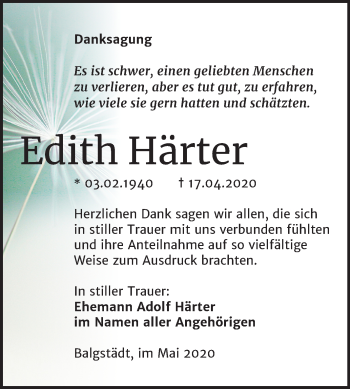 Traueranzeige von Edith Härter von Mitteldeutsche Zeitung Naumburg/Nebra