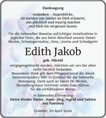 Traueranzeige von Edith Jakob von Mitteldeutsche Zeitung Mansfelder Land