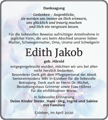 Traueranzeige von Edith Jakob von Super Sonntag Mansfelder Land