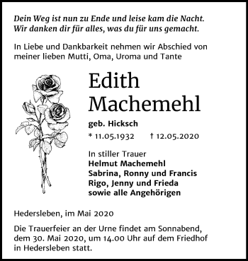 Traueranzeige von Edith Machemehl von Mitteldeutsche Zeitung Quedlinburg