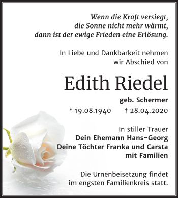 Traueranzeige von Edith Riedel von Mitteldeutsche Zeitung Halle/Saalkreis