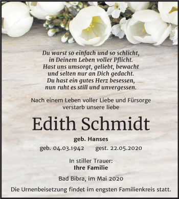 Traueranzeige von Edith Schmidt von Super Sonntag Naumburg/Nebra