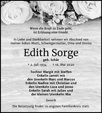Traueranzeige von Edith Sorge von Mitteldeutsche Zeitung Weißenfels