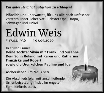 Traueranzeige von Edwin Weis von Mitteldeutsche Zeitung Aschersleben