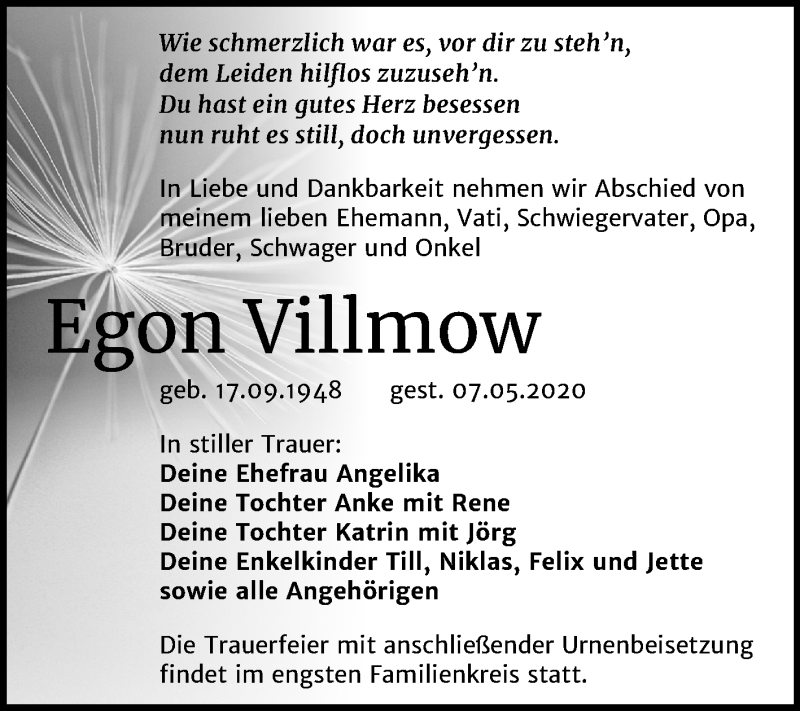  Traueranzeige für Egon Villmow vom 13.05.2020 aus Mitteldeutsche Zeitung Wittenberg