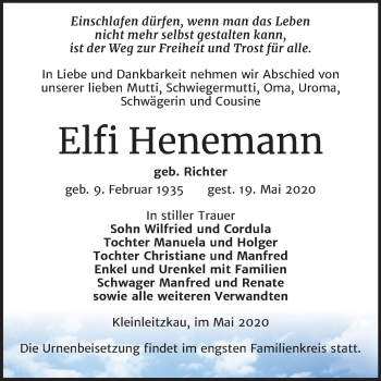 Traueranzeige von Elfi Henemann von Mitteldeutsche Zeitung Dessau-Roßlau